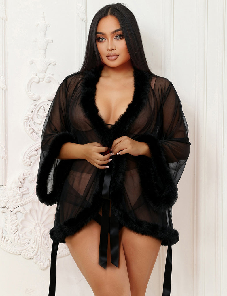 Sexy Mesh Mink Fur Trim Short Robe Egypt With Belt