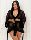 Sexy Mesh Mink Fur Trim Short Robe Egypt With Belt