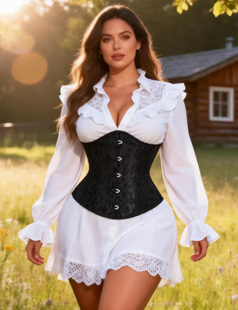 New White & Black Strapless Lace Corset Top with Panty