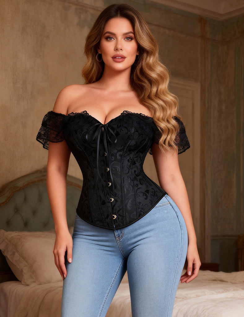 off Shoulder 12 Pieces Plastic Bones Lace Corsets with Panties