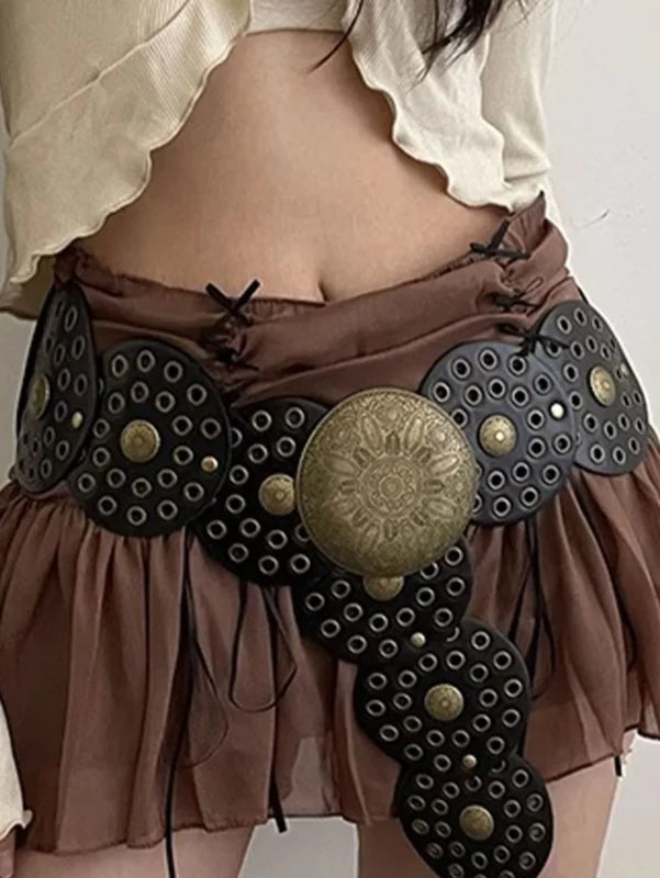 BLACK Boho 1pc Pu Women’s Black Western Style Hollow Out Metal Round Buckle Belt