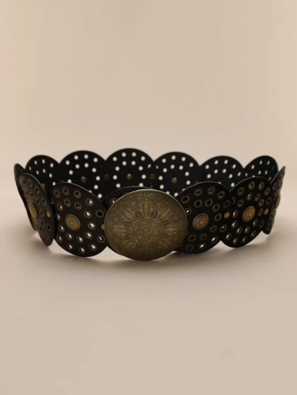 BLACK Boho 1pc Pu Women’s Black Western Style Hollow Out Metal Round Buckle Belt