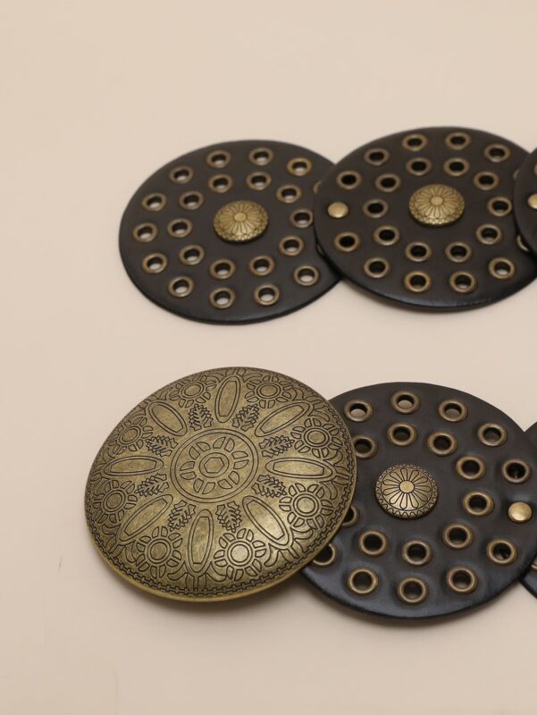 BLACK Boho 1pc Pu Women’s Black Western Style Hollow Out Metal Round Buckle Belt