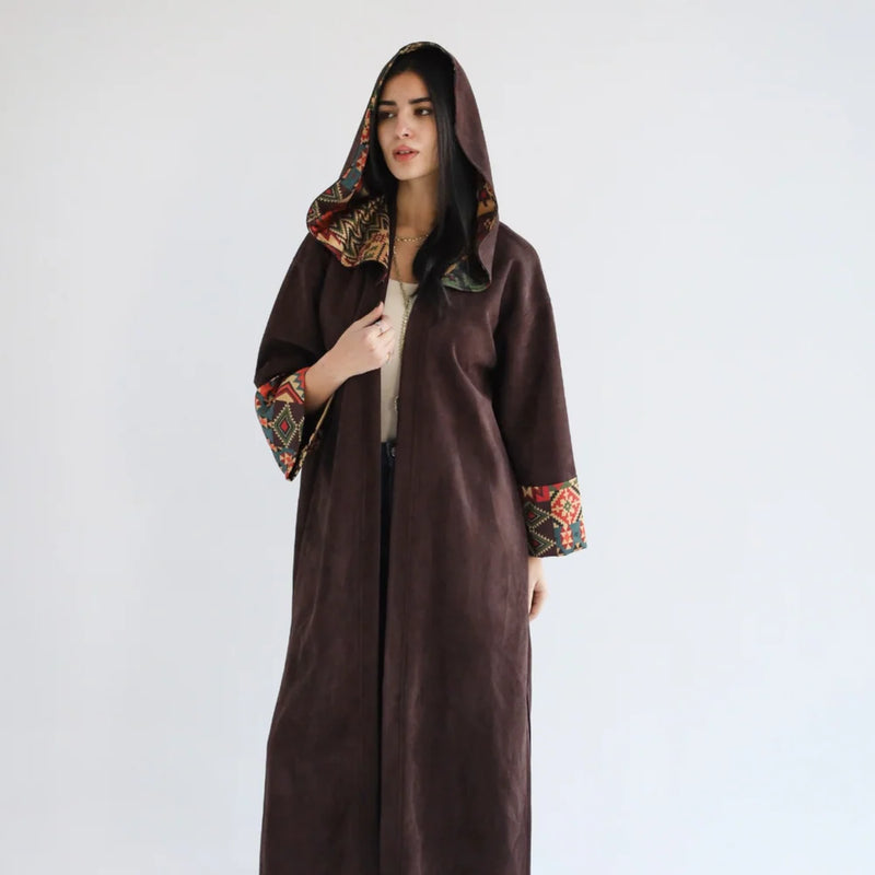 Brown suede hooded kaftan