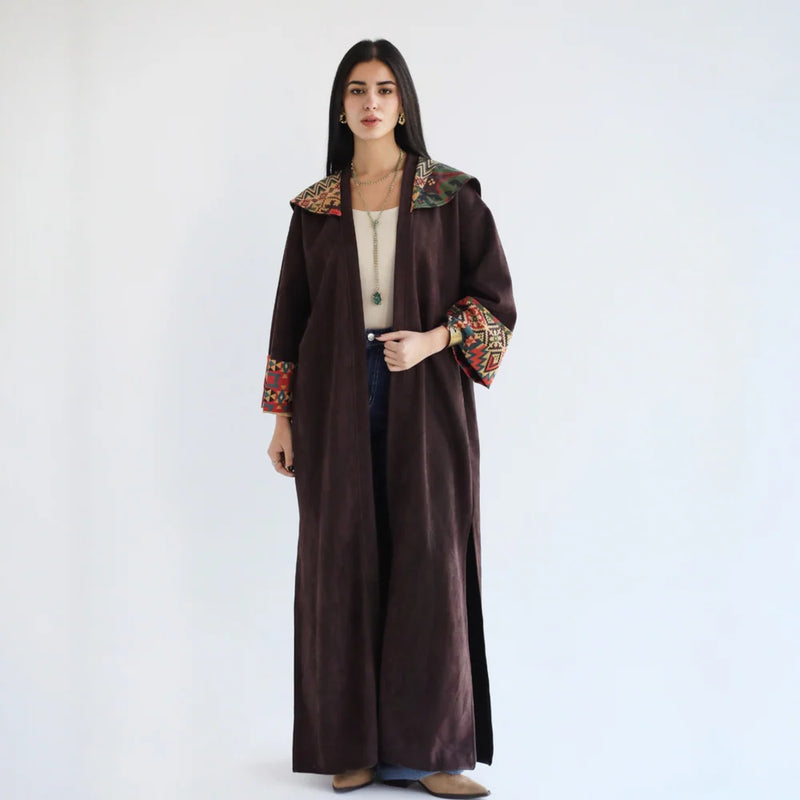 Brown suede hooded kaftan