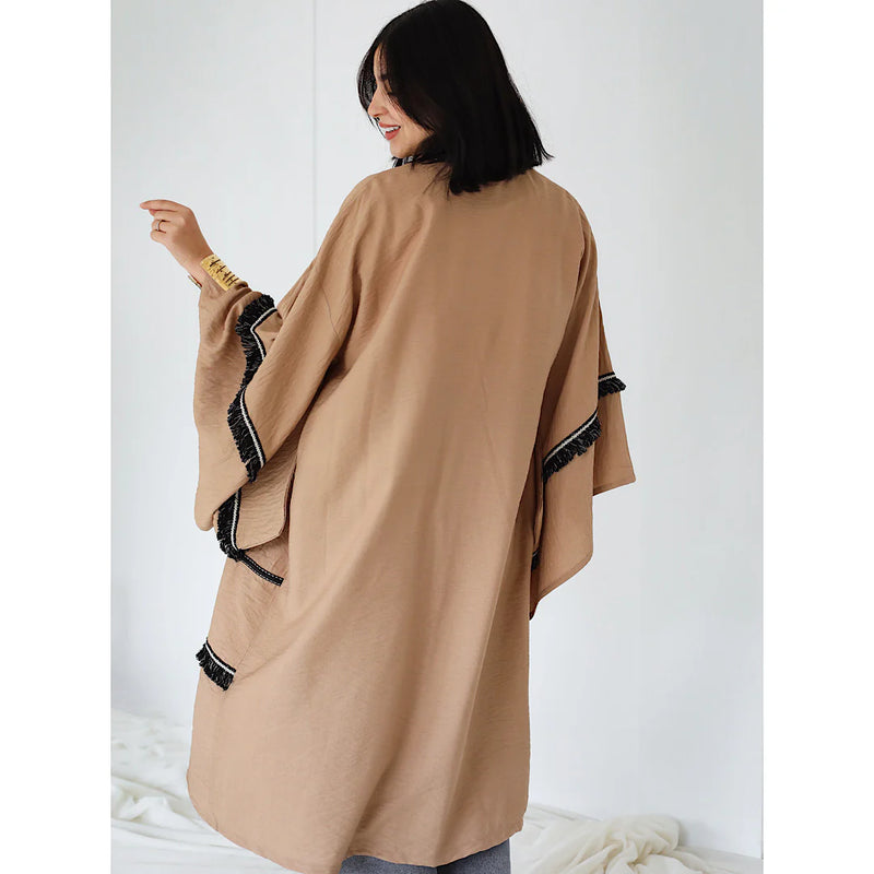 Beige tasseled kaftan cardigan