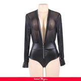 Plus Size Egypt Black V-neck Zipper Leather Teddy