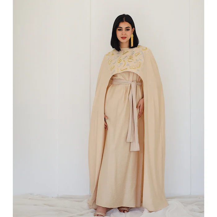Linen blend embroidered cape kaftan