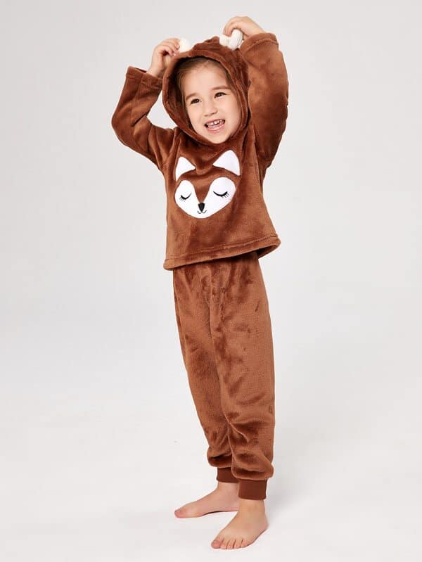 Girls Cartoon Embroidery 3D Ears Design Hooded Flannel Top & Pants PJ Set