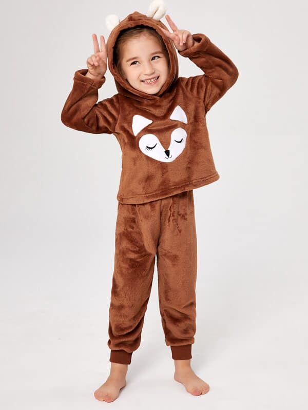 Girls Cartoon Embroidery 3D Ears Design Hooded Flannel Top & Pants PJ Set