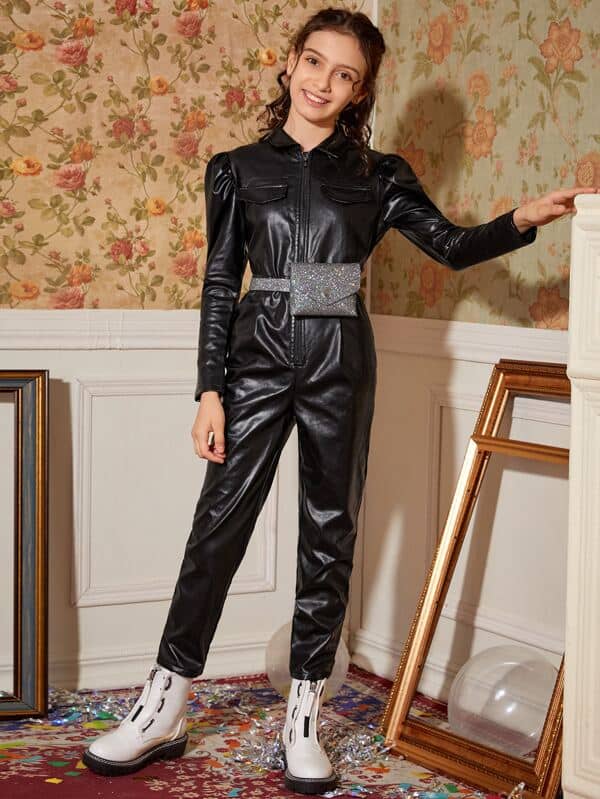 Girls Gigot Sleeve Flap Detail Zipper Placket PU Jumpsuit Without Bag