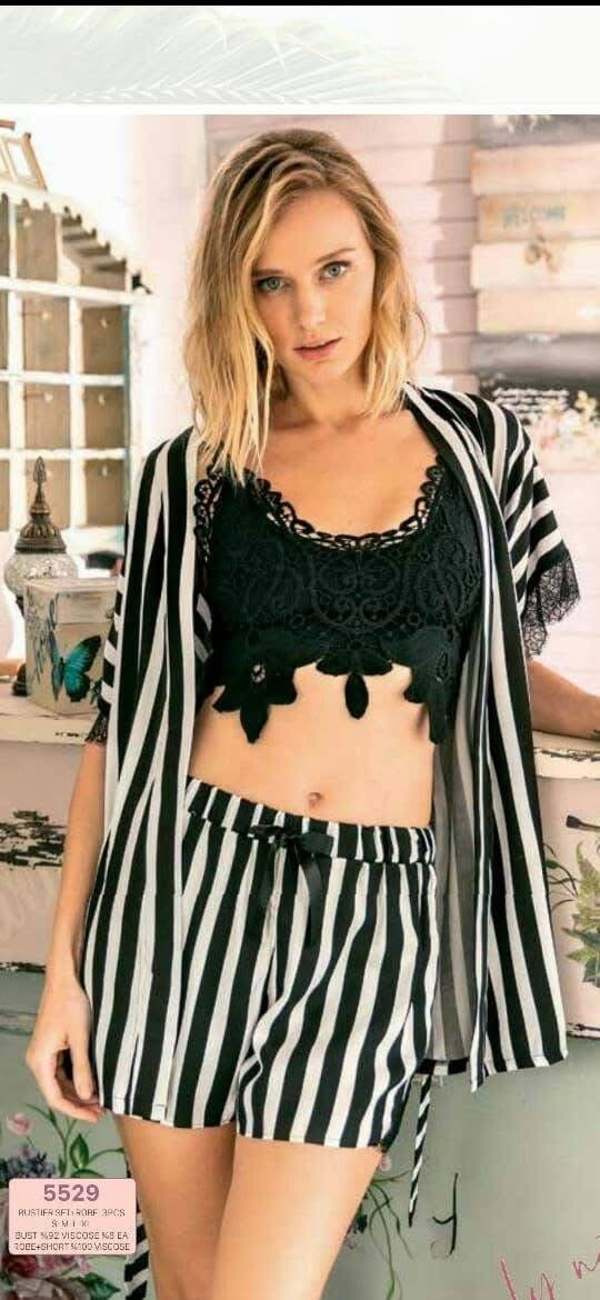 Anil WOMEN’S WOVEN VISCOSE NON-WIRED NON-PADDED LACE BUSTIER BRA – SHORTS PAJAMA 3-PIECE SET