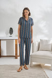 Sevim & Gizzey Blue Striped Floral Pajamas With Half Sleeves