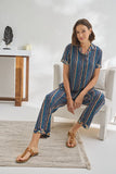 Sevim & Gizzey Blue Striped Floral Pajamas With Half Sleeves