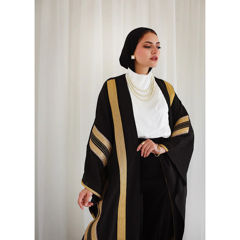 Linen blend black embroidered abaya