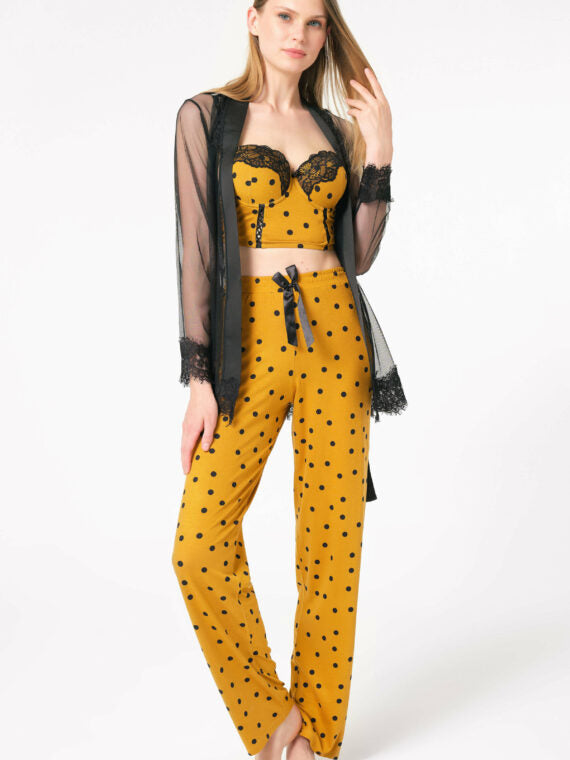 Women’s Tulle Lace Gown Wire Push Up Dotted Bustier Pants 3 Pieces Set