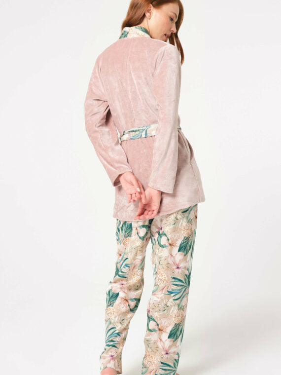 Anil Long Sleeve V-Neck Viscose Floral Patterned Winter Knitted Normal Waist Tied Pajama Set