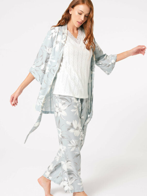 Anil Thick Strap V-Neck Cotton Flower Patterned Winter Knitted Normal Waist Tie Lace Detailed Pajama Set