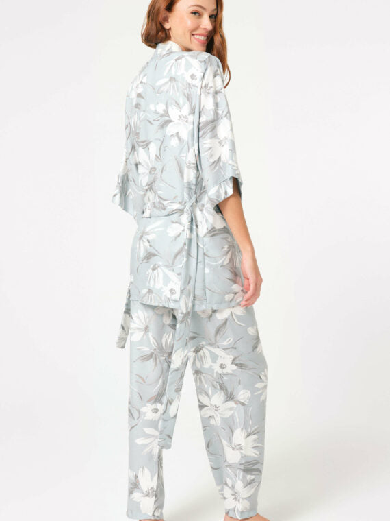 Anil Thick Strap V-Neck Cotton Flower Patterned Winter Knitted Normal Waist Tie Lace Detailed Pajama Set