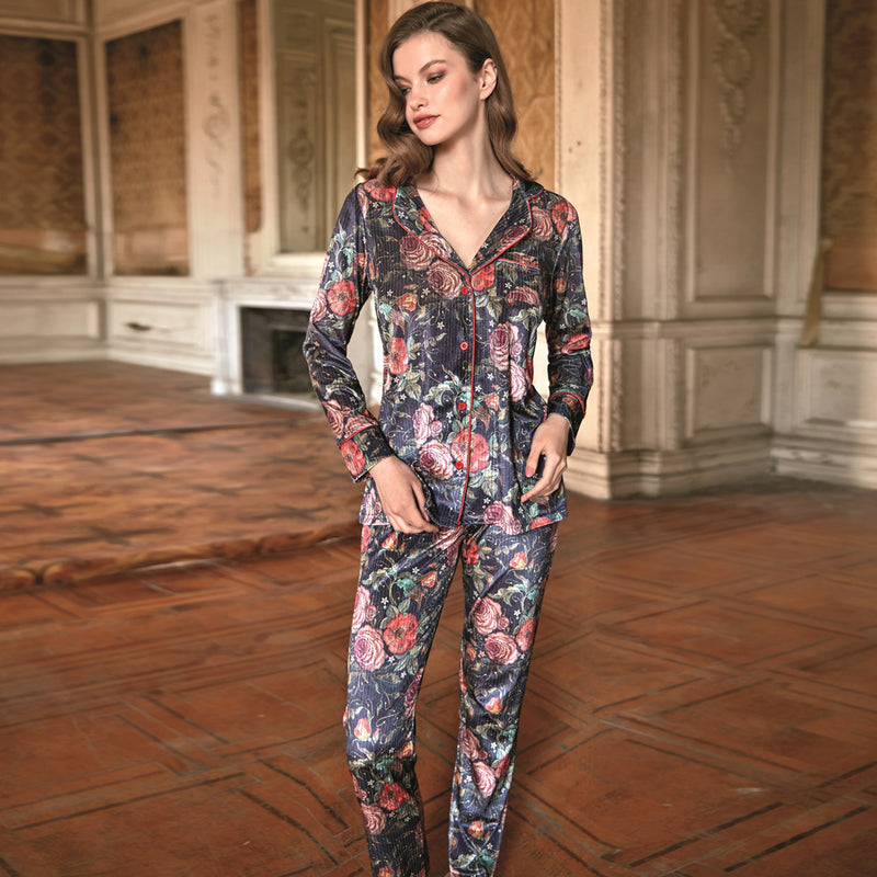 Anil Women Wick Velvet Flower Printed Chest Pocket Long Sleeve Shirt And Pants Pajama Set