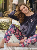 Women Velvet Breast Embroidered Long Sleeve Sweatshirt And Floral Printed Pants 2PCS Pajama Set