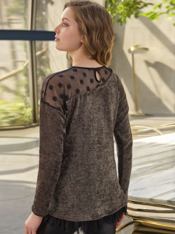 Anil Women’s Polka Dot Tulle Long Sleeve Sweatshirt And Leather Look Tights Set