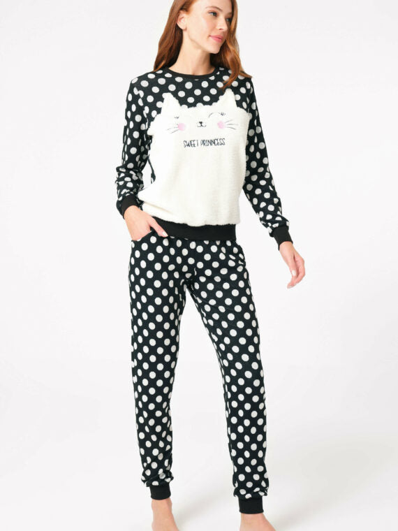 Anil Women’s Viscose Dotted Chest Cat Embroidery Long Sleeve Sweatshirt & Pants Set