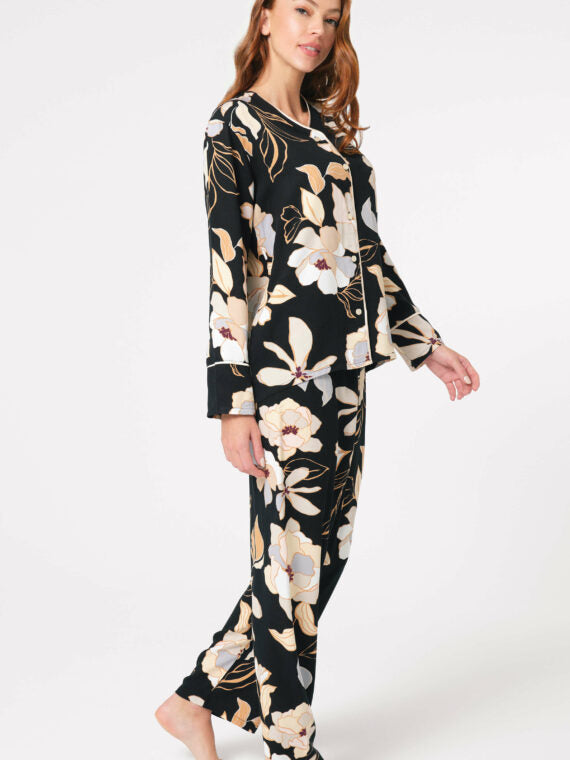 Anil Long Sleeve V-Neck Viscose Floral Patterned Winter Knitted Normal Waist Pajama Set