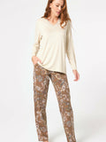 Anil Long Sleeve V-Neck Modal Floral Patterned Winter Knitted Normal Waist Lace Detailed Pajama Set