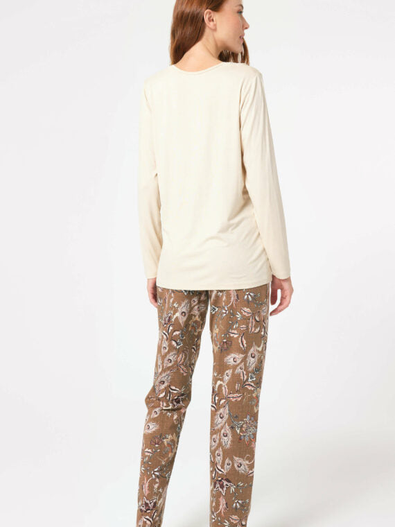 Anil Long Sleeve V-Neck Modal Floral Patterned Winter Knitted Normal Waist Lace Detailed Pajama Set