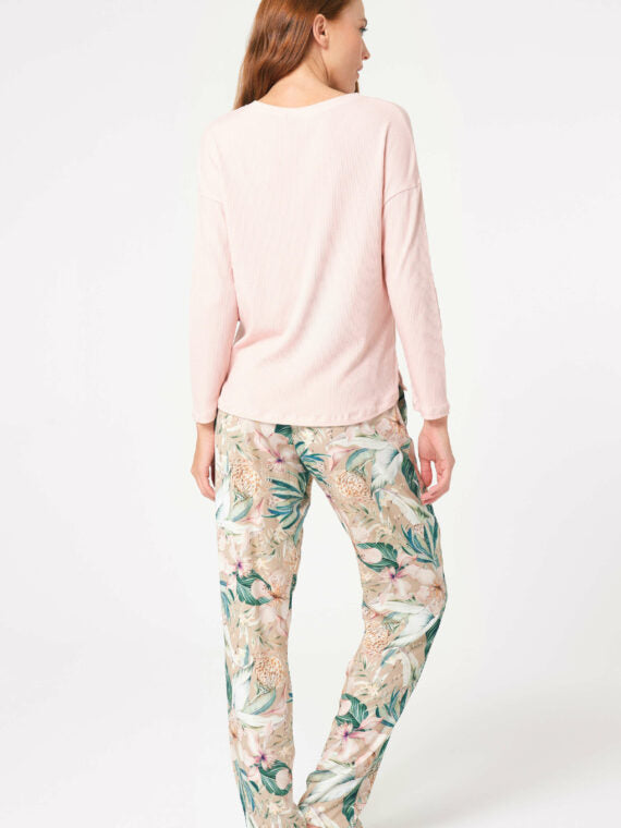 Anil Long Sleeve V-Neck Viscose Floral Patterned Winter Knitted Normal Waist Pajama Set