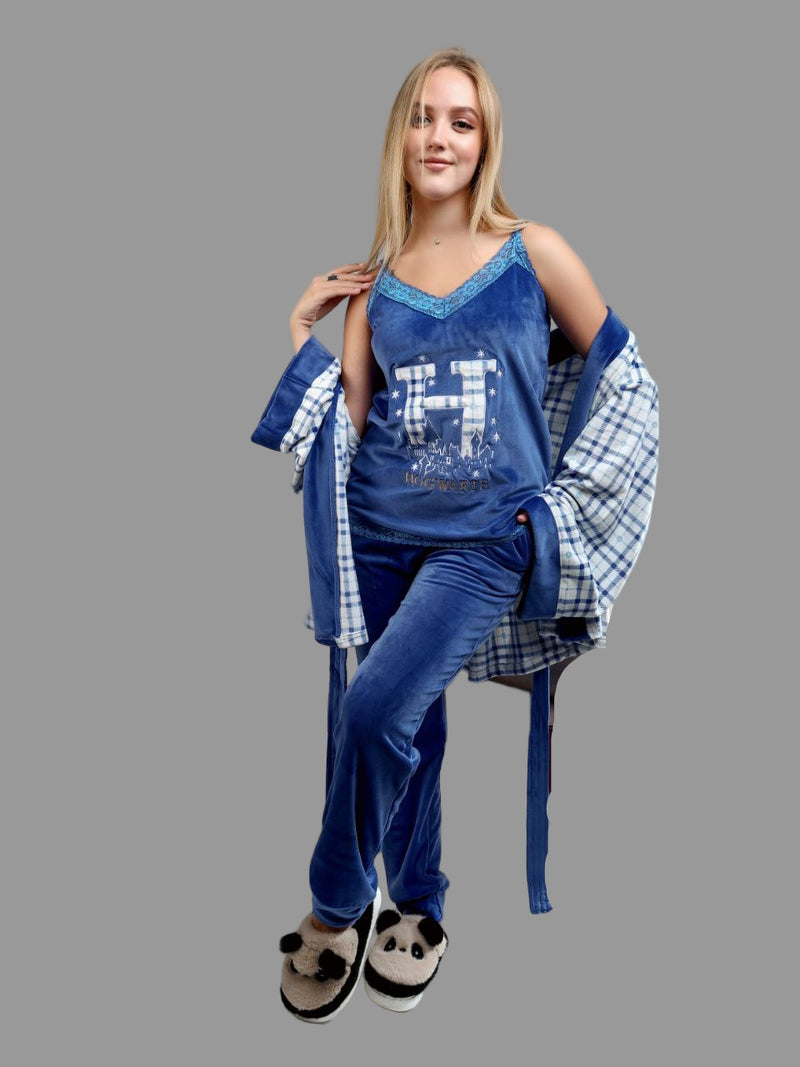 Women's elegant winter pajamas, T-shirt, pants, and short robe