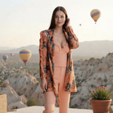 Women's pajama set: velvet t-shirt + velvet pants + short robe