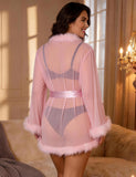 Sexy Mesh Mink Fur Trim Short Robe Egypt With Belt