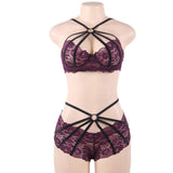 New Fashion Sexy Lace Underwire Stitching Cross Straps Sexy Bra Set
