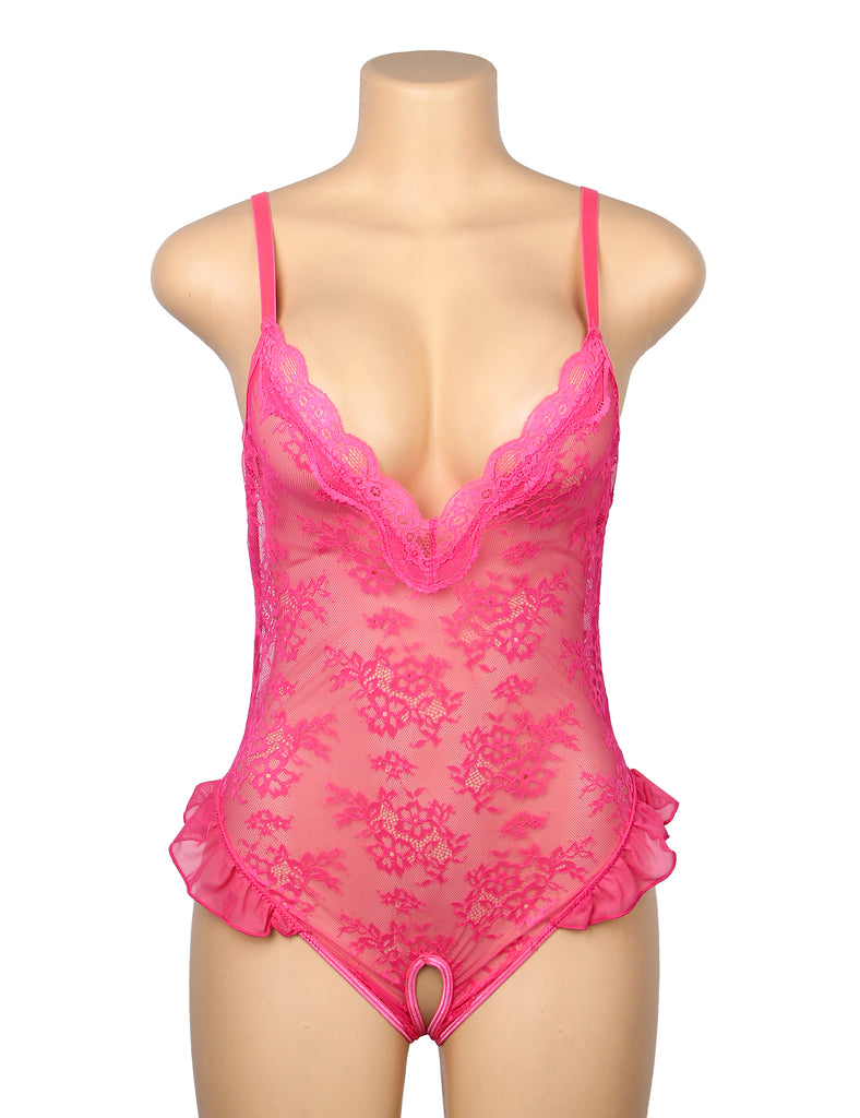 Sexy See Through Lace Ruffled Open Crotch Mesh Bodysuit