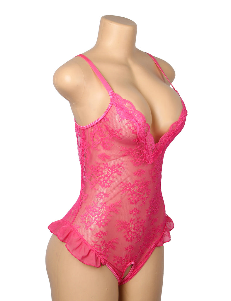Sexy See Through Lace Ruffled Open Crotch Mesh Bodysuit