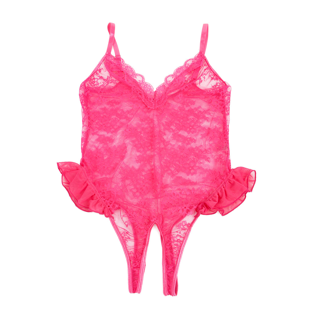 Sexy See Through Lace Ruffled Open Crotch Mesh Bodysuit