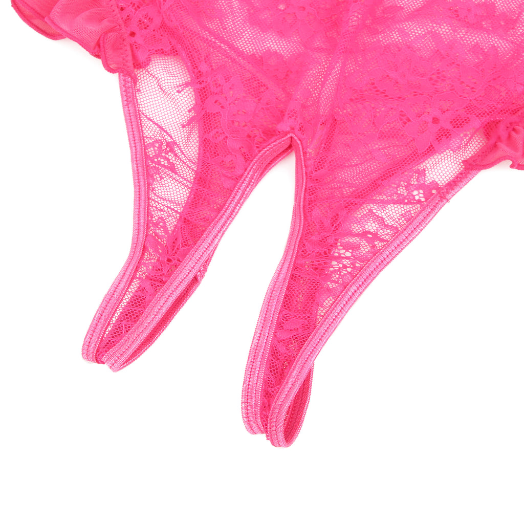 Sexy See Through Lace Ruffled Open Crotch Mesh Bodysuit