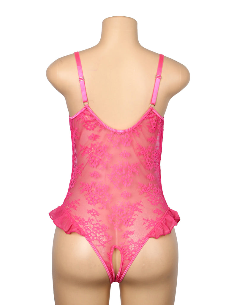 Sexy See Through Lace Ruffled Open Crotch Mesh Bodysuit