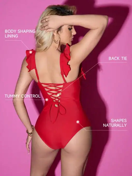 1pc Women Tummy Control Ruffle Trim Swimsuit