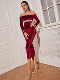 Off Shoulder Contrast Sequin Panel Velvet Dress