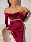 Off Shoulder Contrast Sequin Panel Velvet Dress