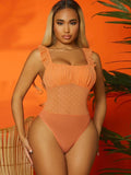 SXY Square Neck Shirred Frill Mesh Bodysuit