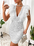 BAE Fuzzy Trim Sequin Zip Back Bodycon Dress