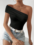 Clasi Solid Color Slim Fit Ruched Asymmetrical Neck T-Shirt