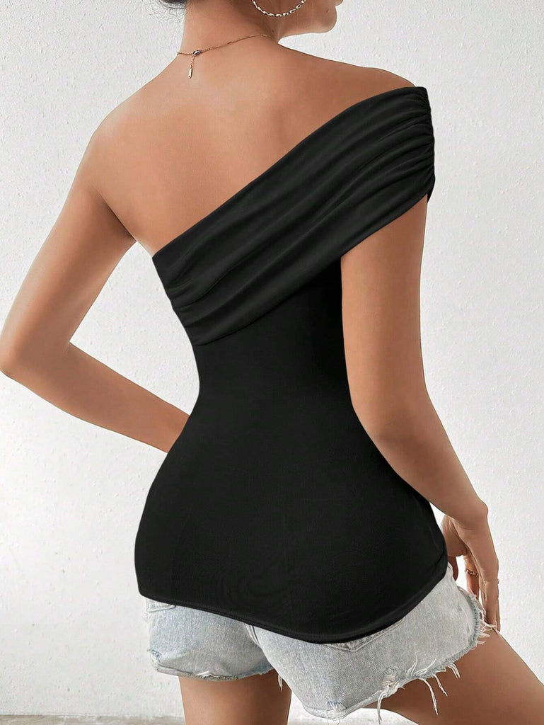 Clasi Solid Color Slim Fit Ruched Asymmetrical Neck T-Shirt