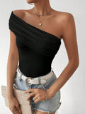 Clasi Solid Color Slim Fit Ruched Asymmetrical Neck T-Shirt