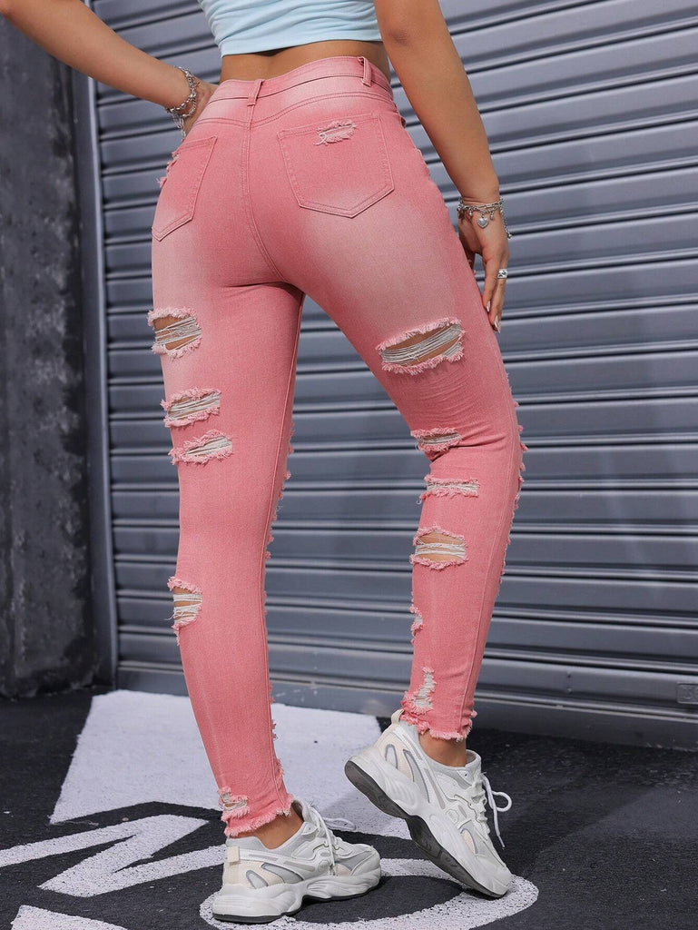 Essnce Women Ripped Distressed Frayed Hem Washed Skinny Fashion Jeans