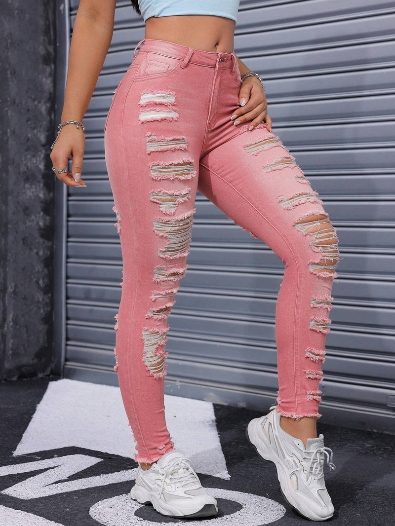 Essnce Women Ripped Distressed Frayed Hem Washed Skinny Fashion Jeans